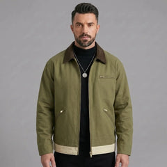 Man wearing MannerCo blue contrast lapel workwear jacket in outdoor lifestyle setting
