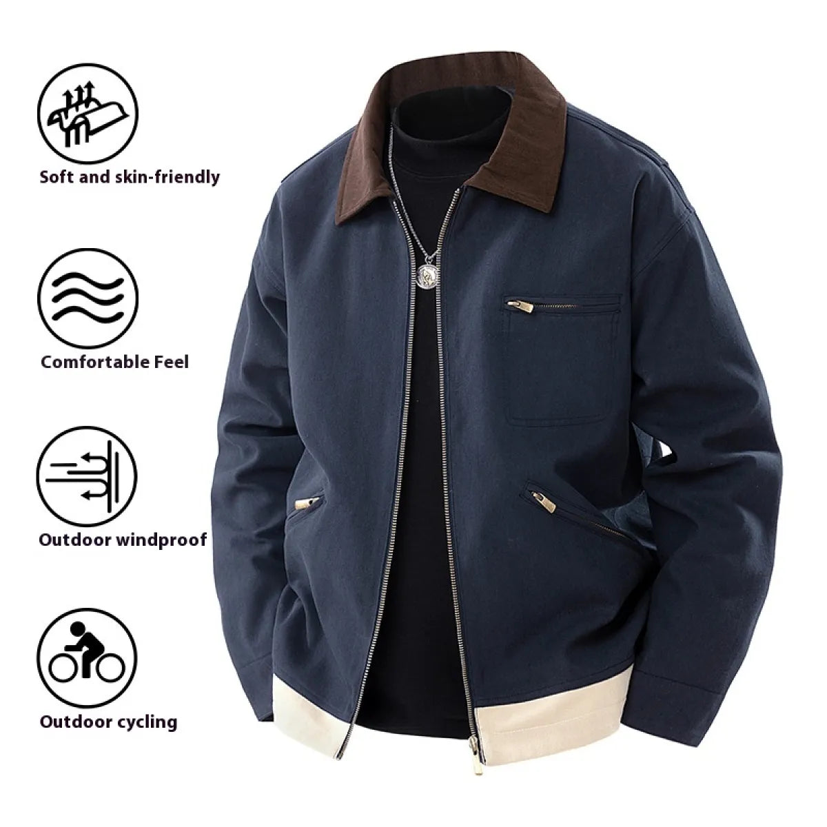 Navy jacket with brown collar and beige trim on a white background, featuring icons and text about jacket features.