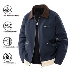 Navy jacket with brown collar and beige trim on a white background, featuring icons and text about jacket features.