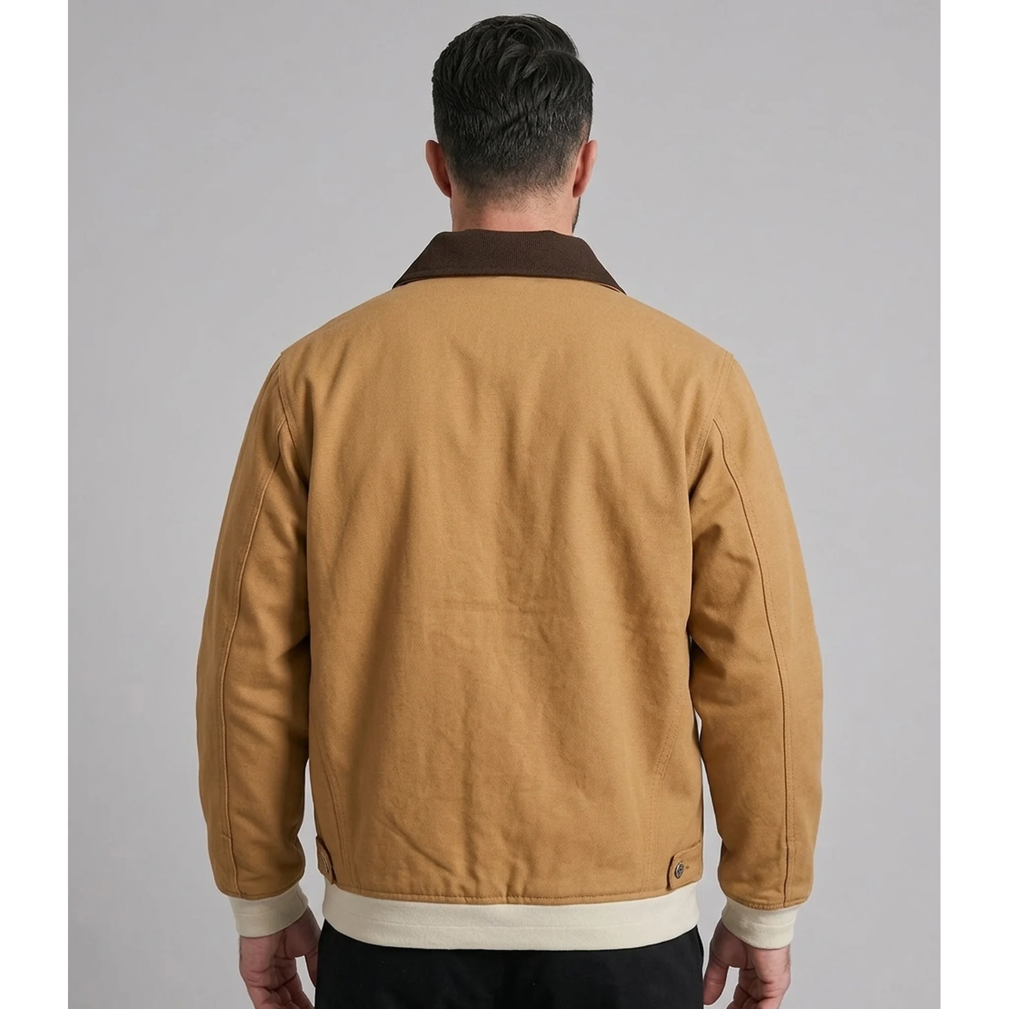 MannerCo khaki contrast lapel workwear jacket back view with contrast collar detail