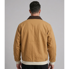 MannerCo khaki contrast lapel workwear jacket back view with contrast collar detail