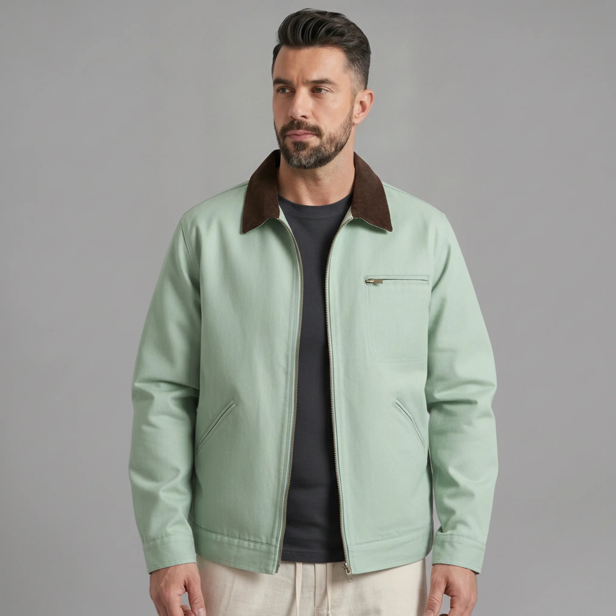 Man wearing MannerCo khaki contrast lapel workwear jacket with turn-down collar, front view