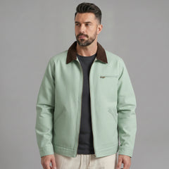 Man wearing MannerCo khaki contrast lapel workwear jacket with turn-down collar, front view