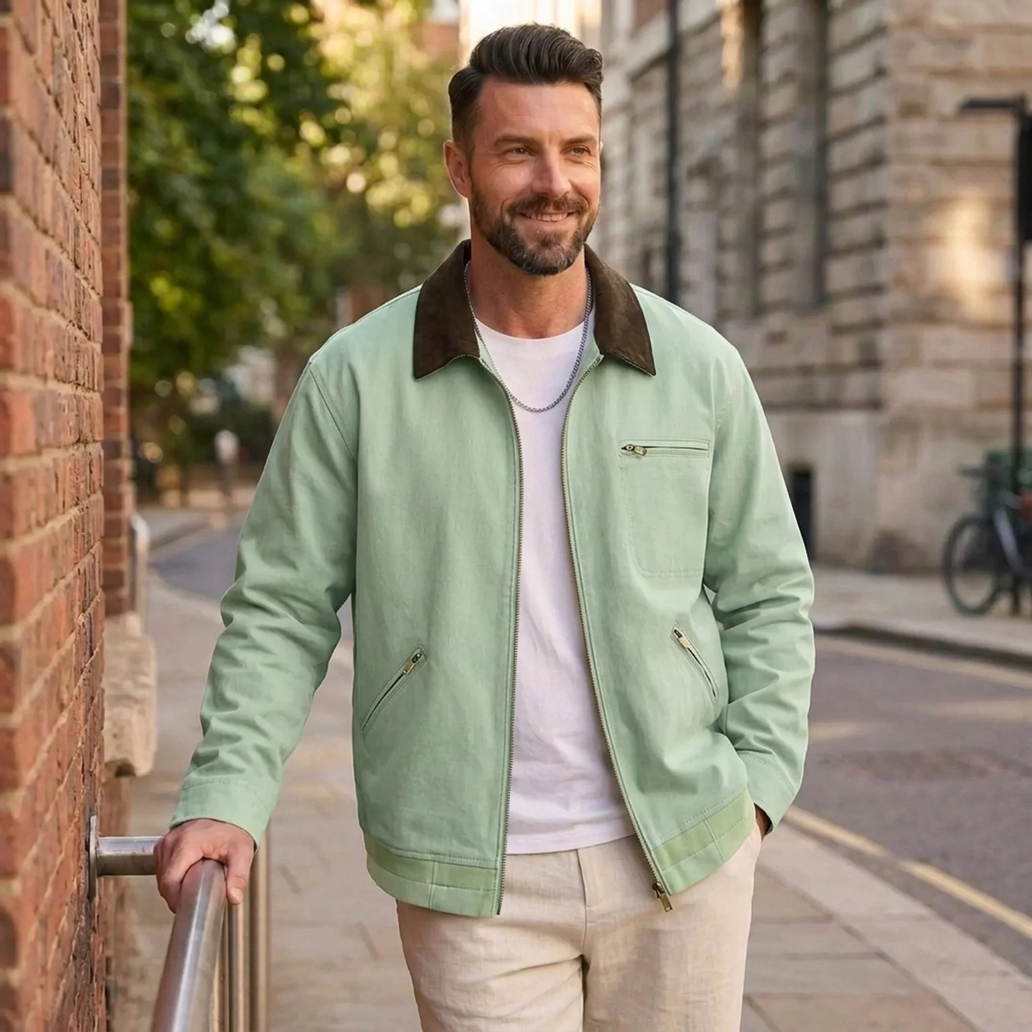 Man wearing MannerCo khaki contrast lapel workwear jacket in outdoor lifestyle setting