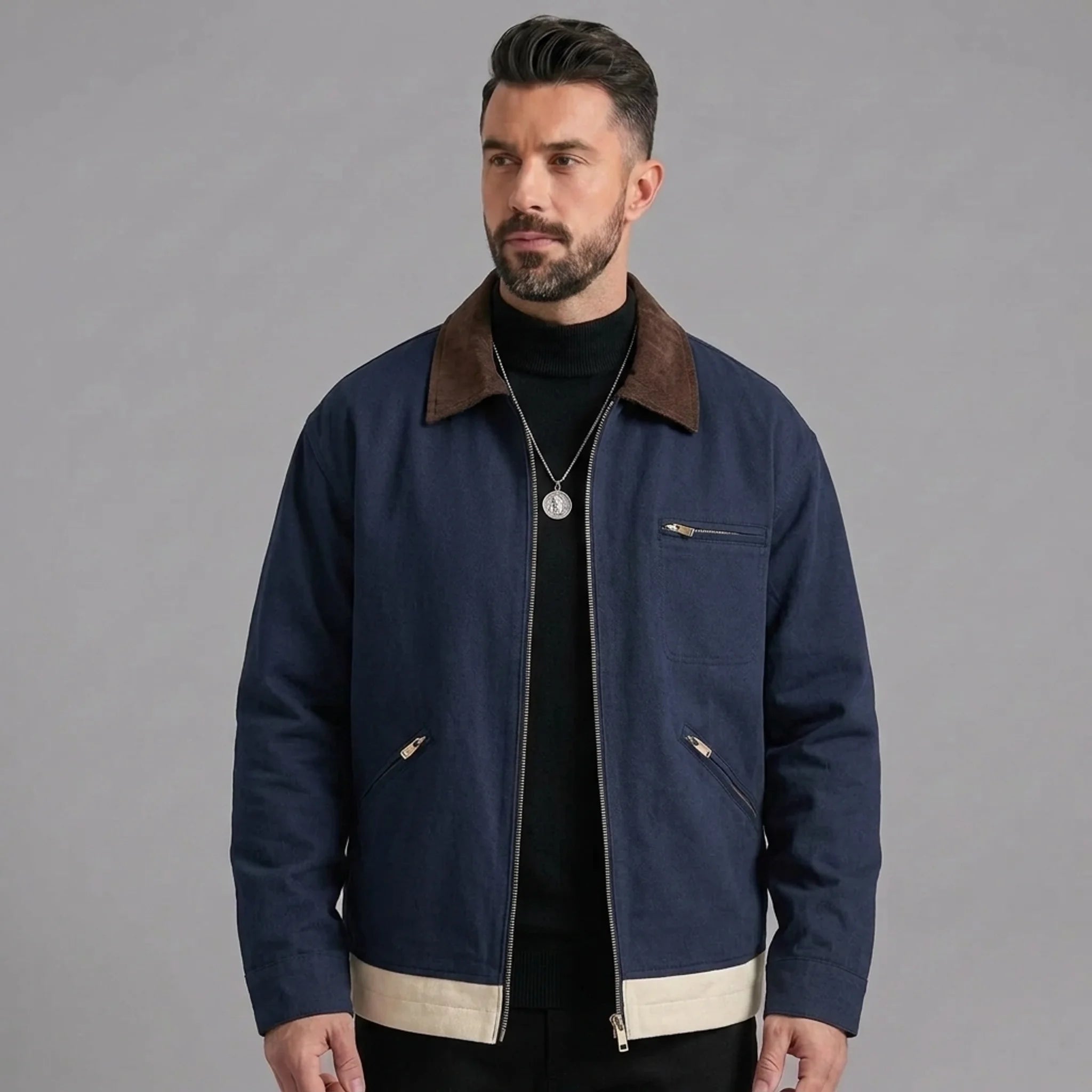 Man wearing MannerCo blue contrast lapel workwear jacket in outdoor lifestyle setting