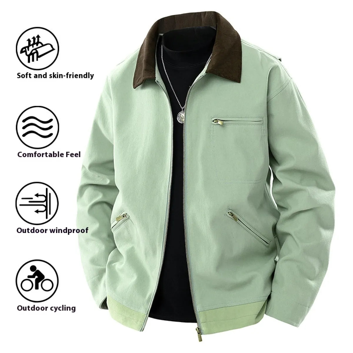 Spring And Autumn Contrast Color Lapels Workwear Jacket in Khaki
