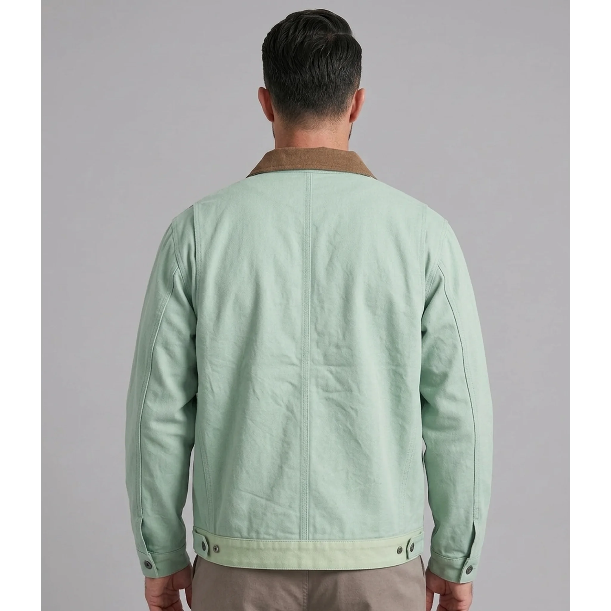 MannerCo light green contrast lapel workwear jacket back view with contrast collar detail