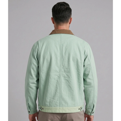 MannerCo light green contrast lapel workwear jacket back view with contrast collar detail