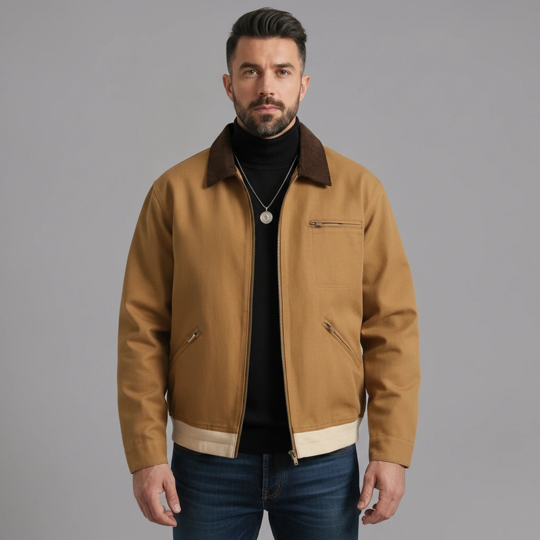 Man wearing MannerCo light green contrast lapel workwear jacket with turn-down collar, front view