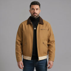 Man wearing MannerCo light green contrast lapel workwear jacket with turn-down collar, front view