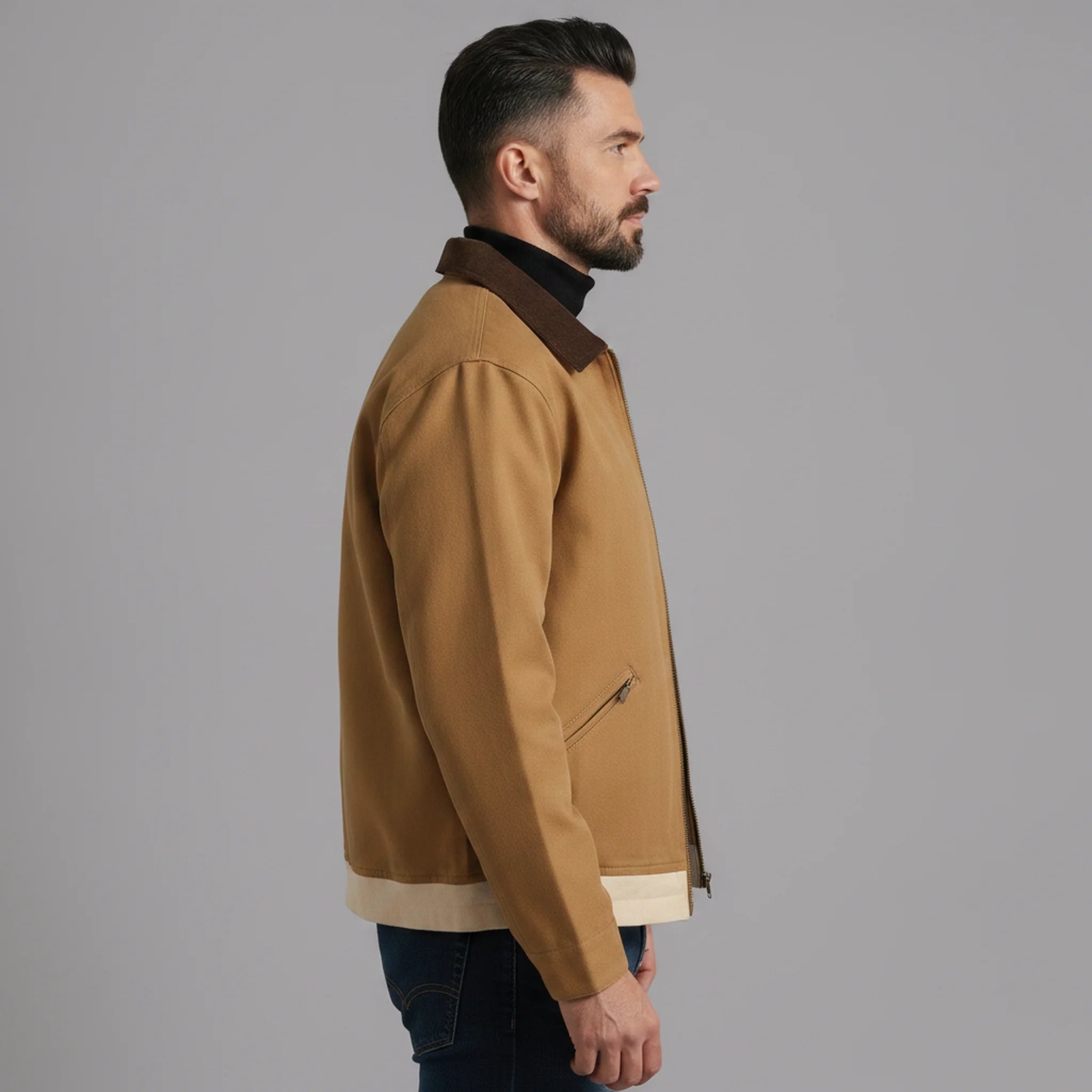 Man wearing MannerCo light green contrast lapel workwear jacket, side view on plain background