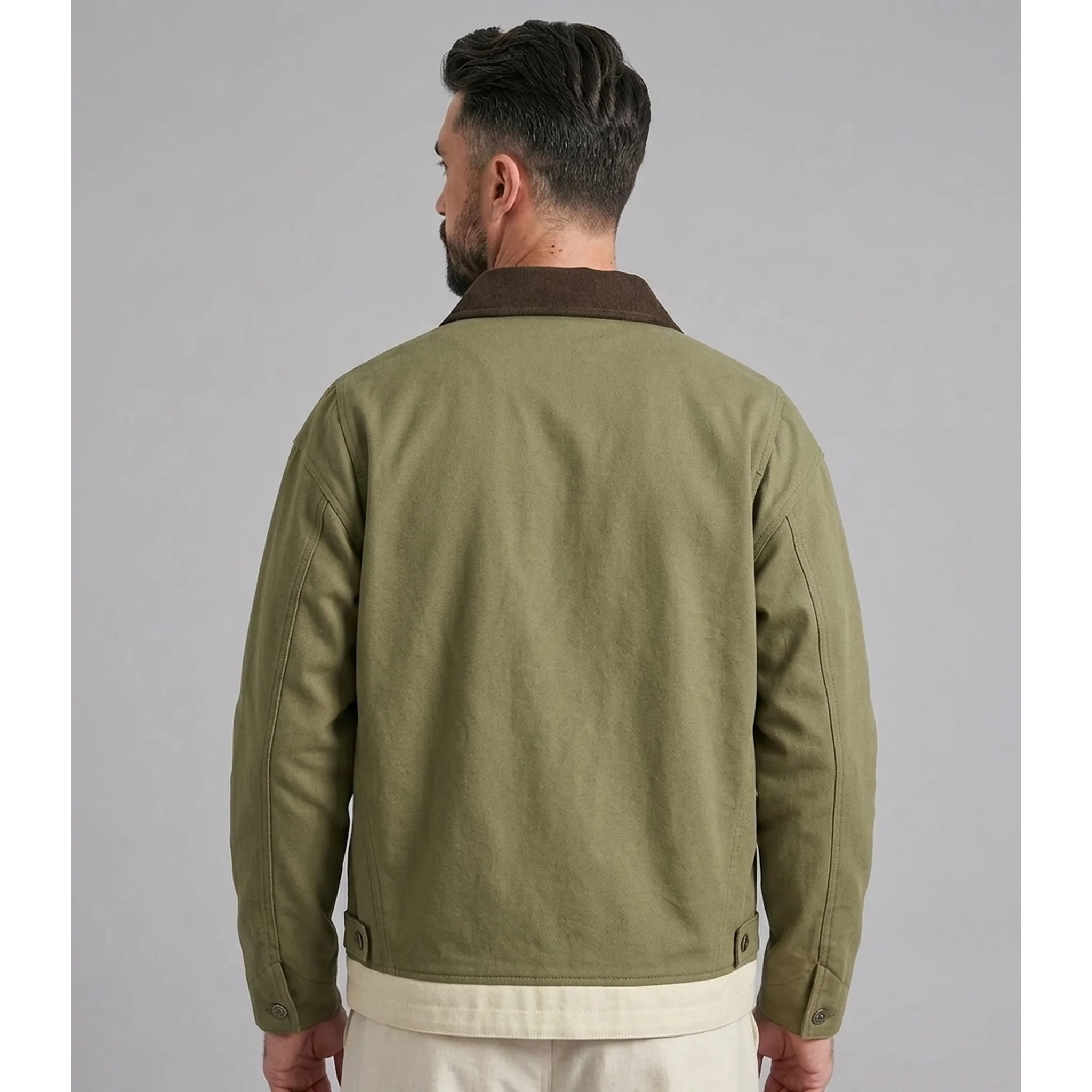 MannerCo olive green contrast lapel workwear jacket back view with contrast collar detail