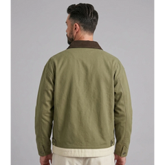 MannerCo olive green contrast lapel workwear jacket back view with contrast collar detail