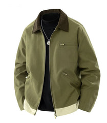 Man wearing MannerCo olive green contrast lapel workwear jacket with turn-down collar, front view