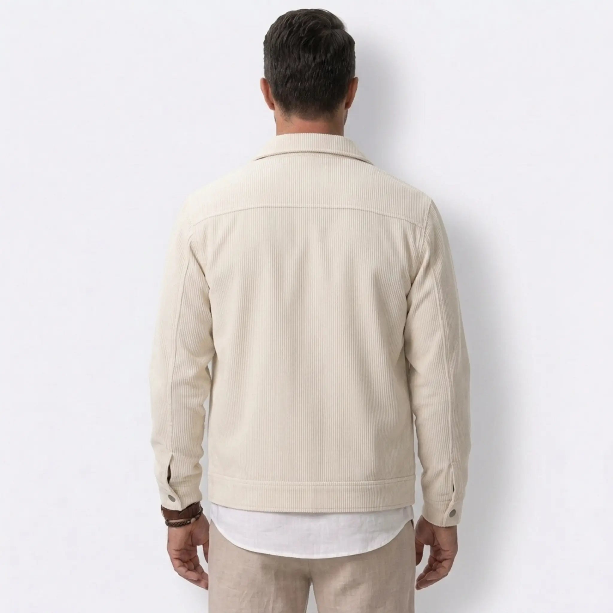 MannerCo apricot corduroy single-breasted lapel jacket back view with multi-pocket design