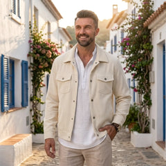 Man wearing MannerCo apricot corduroy single-breasted lapel jacket in outdoor lifestyle setting
