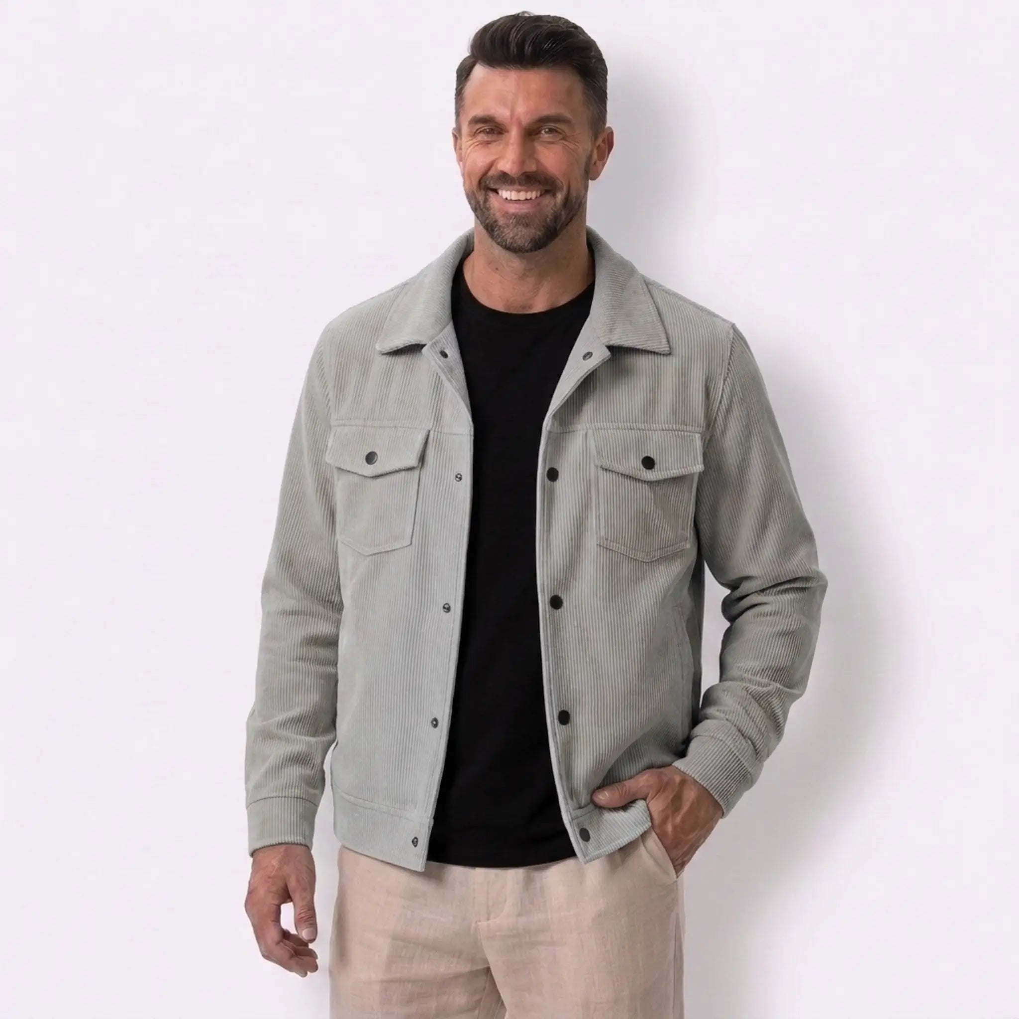 Man wearing MannerCo apricot corduroy lapel jacket in outdoor lifestyle setting