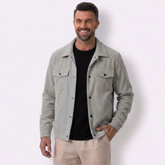 Man wearing MannerCo apricot corduroy lapel jacket in outdoor lifestyle setting
