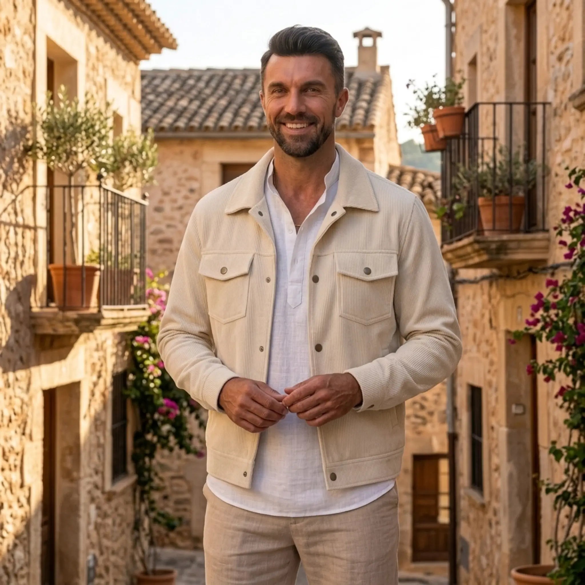 Man wearing MannerCo apricot corduroy lapel jacket in outdoor lifestyle setting