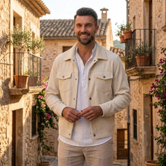 Man wearing MannerCo apricot corduroy lapel jacket in outdoor lifestyle setting