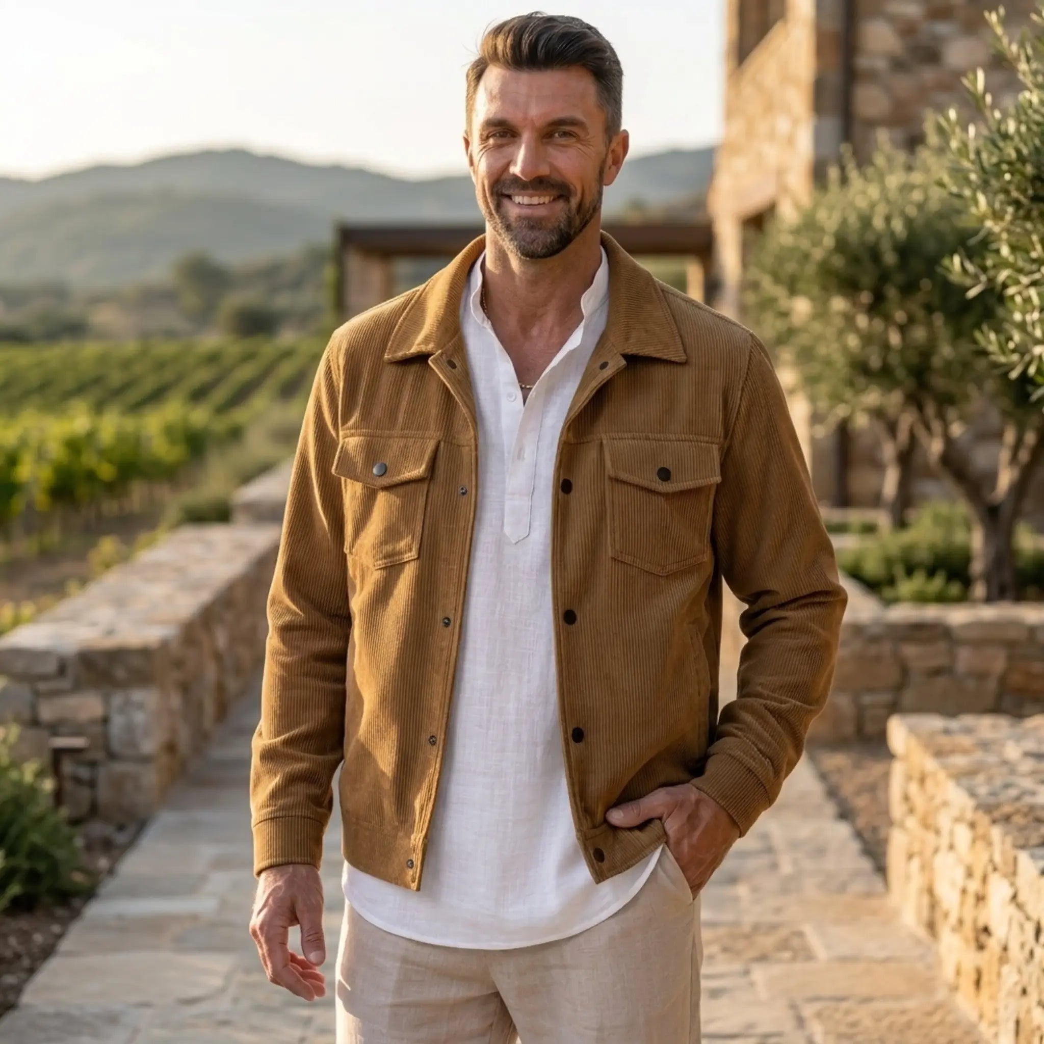 Man wearing MannerCo army green corduroy single-breasted lapel jacket, front view on plain background