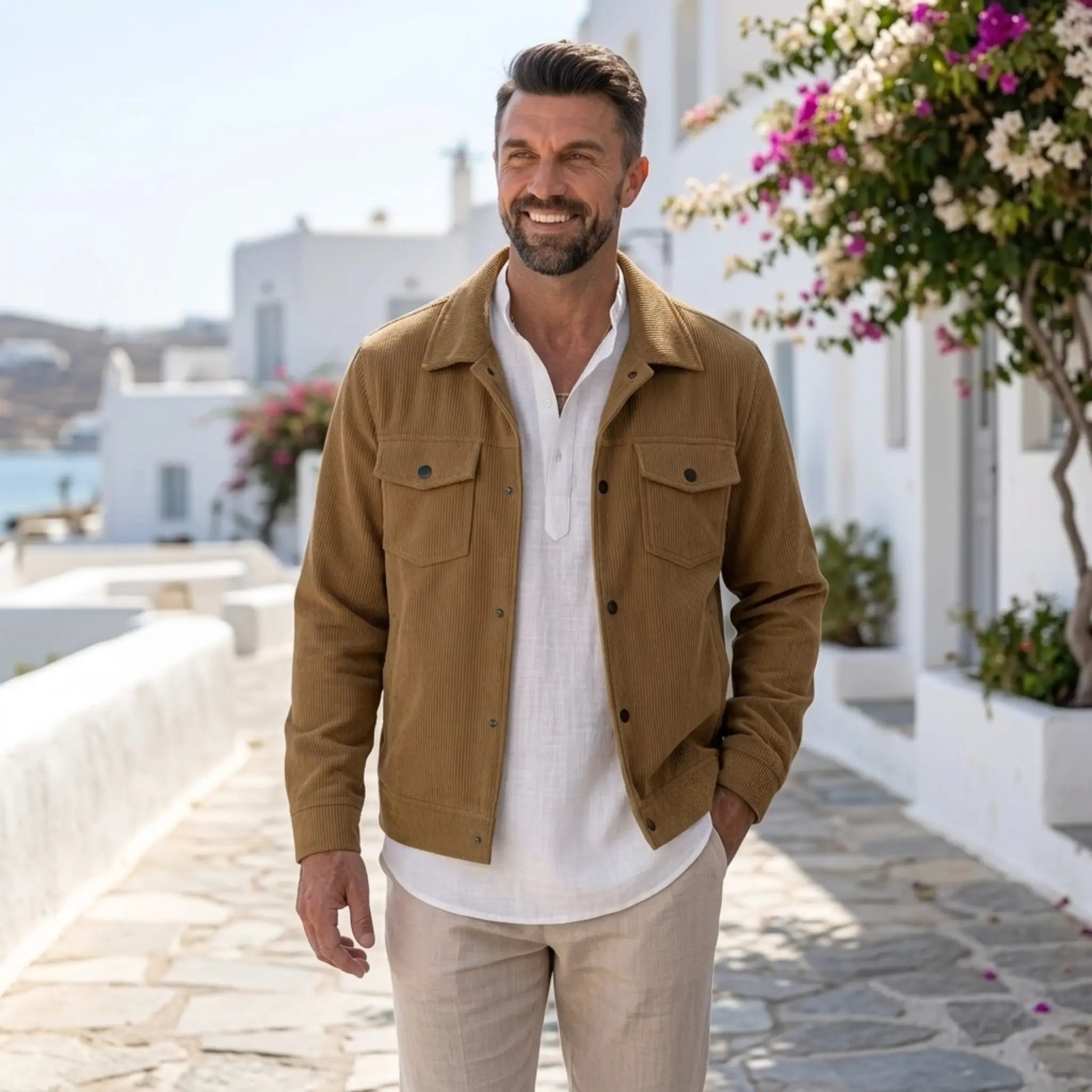 Man wearing MannerCo army green corduroy lapel jacket in outdoor lifestyle setting