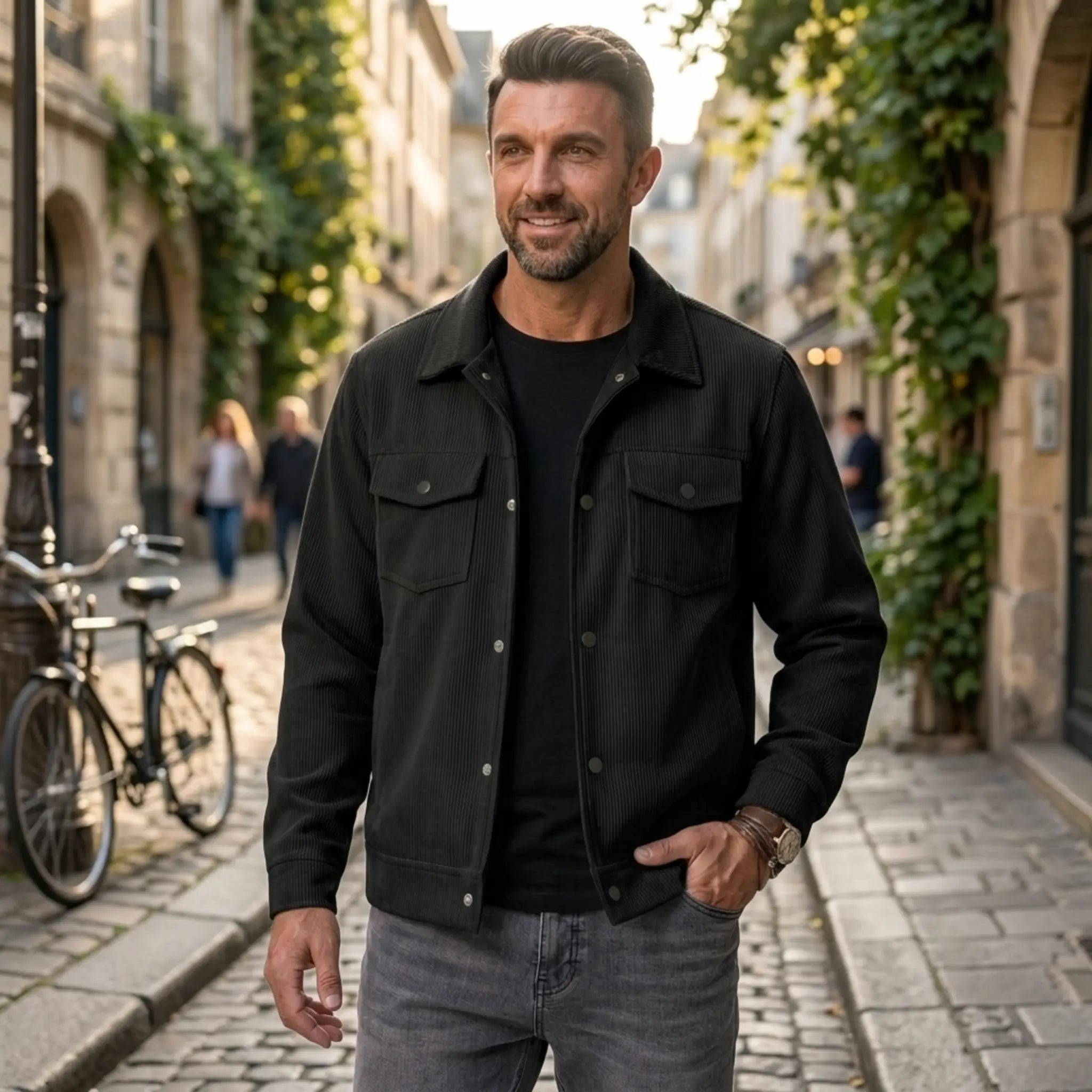 Man wearing MannerCo black corduroy single-breasted lapel jacket in outdoor lifestyle setting