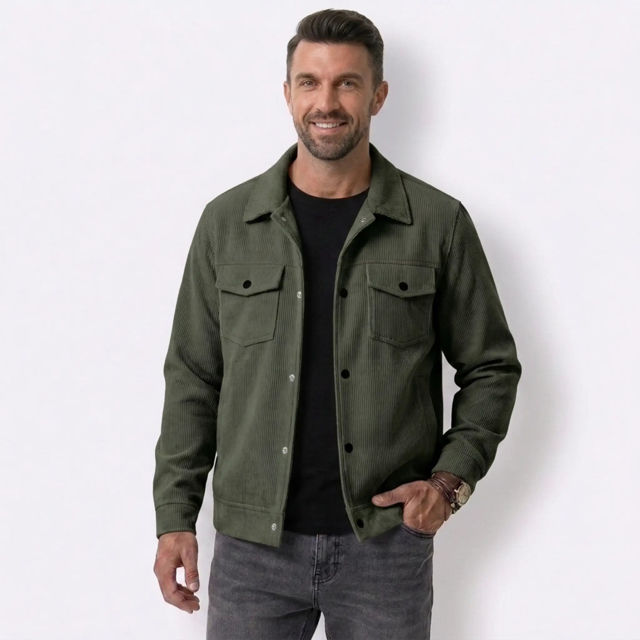 Man wearing MannerCo dark brown corduroy single-breasted lapel jacket, front view on plain background