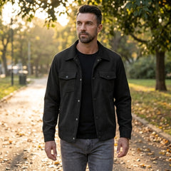 Man wearing MannerCo dark brown corduroy lapel jacket in outdoor lifestyle setting