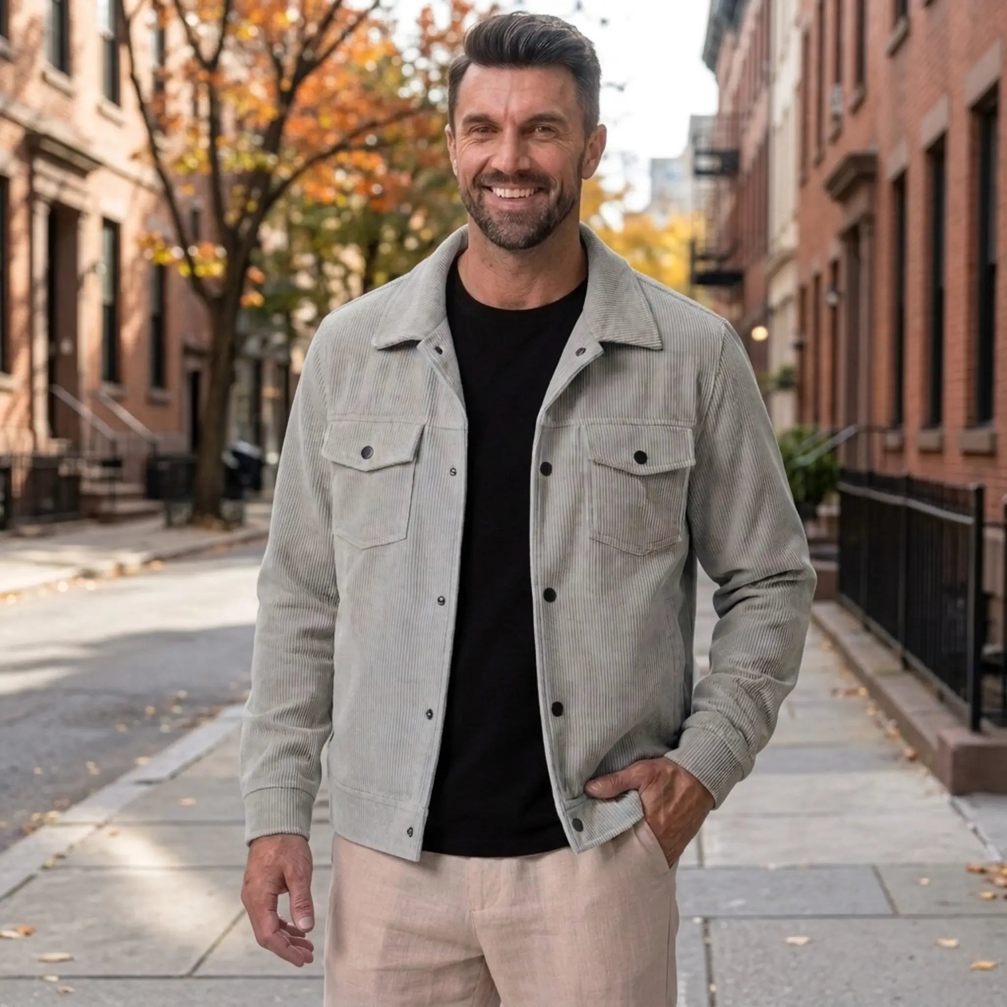 Man wearing MannerCo light gray corduroy lapel jacket in outdoor lifestyle setting