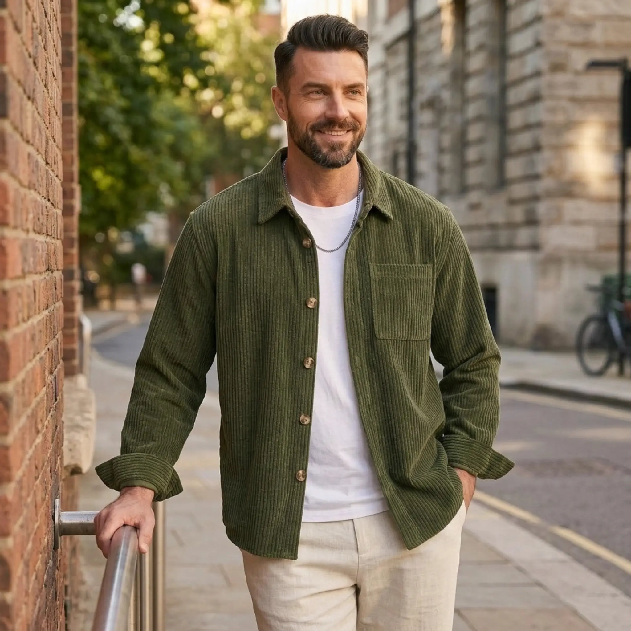 Man wearing MannerCo green corduroy long sleeve shirt in outdoor lifestyle setting