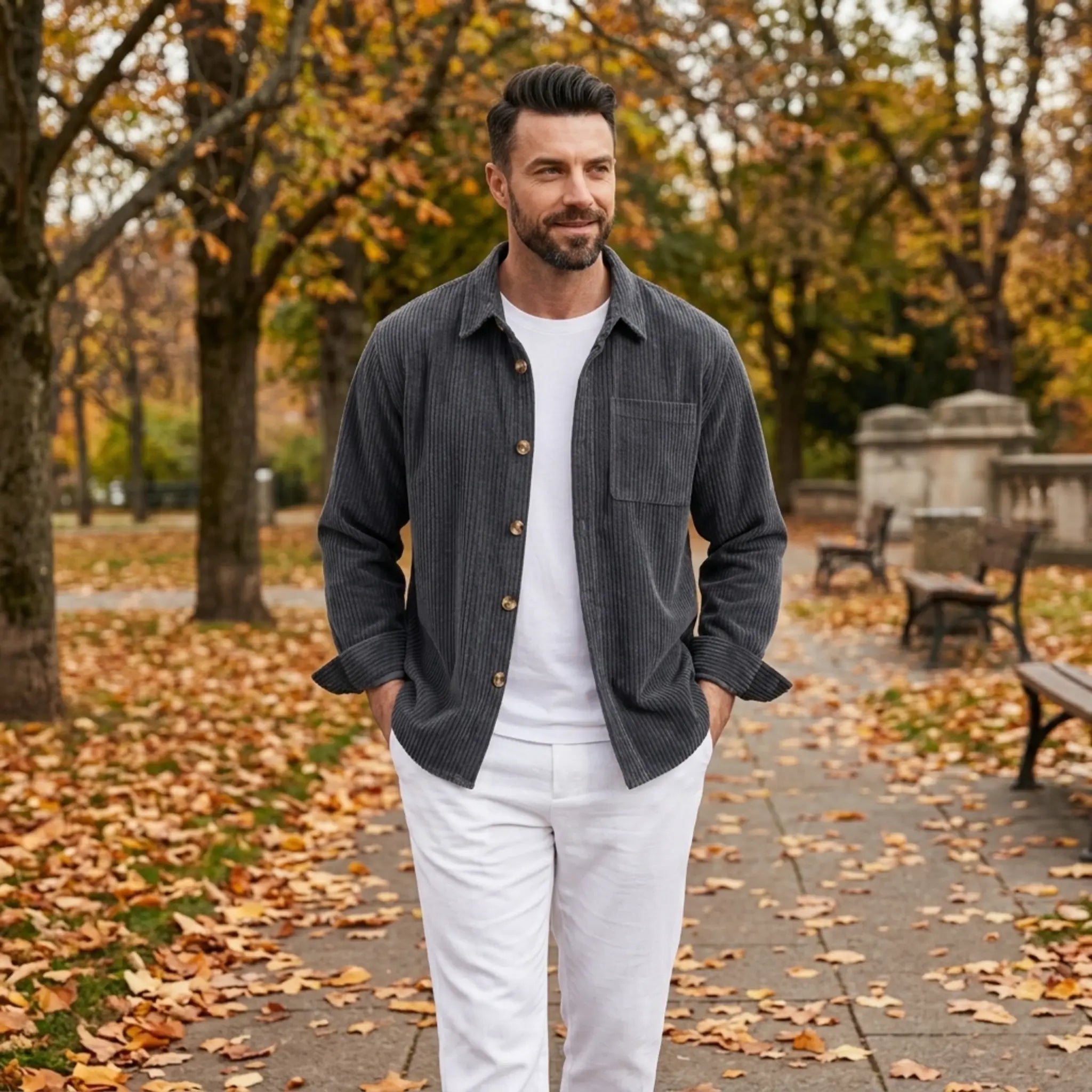 Man wearing MannerCo grey blue corduroy long sleeve shirt in outdoor lifestyle setting