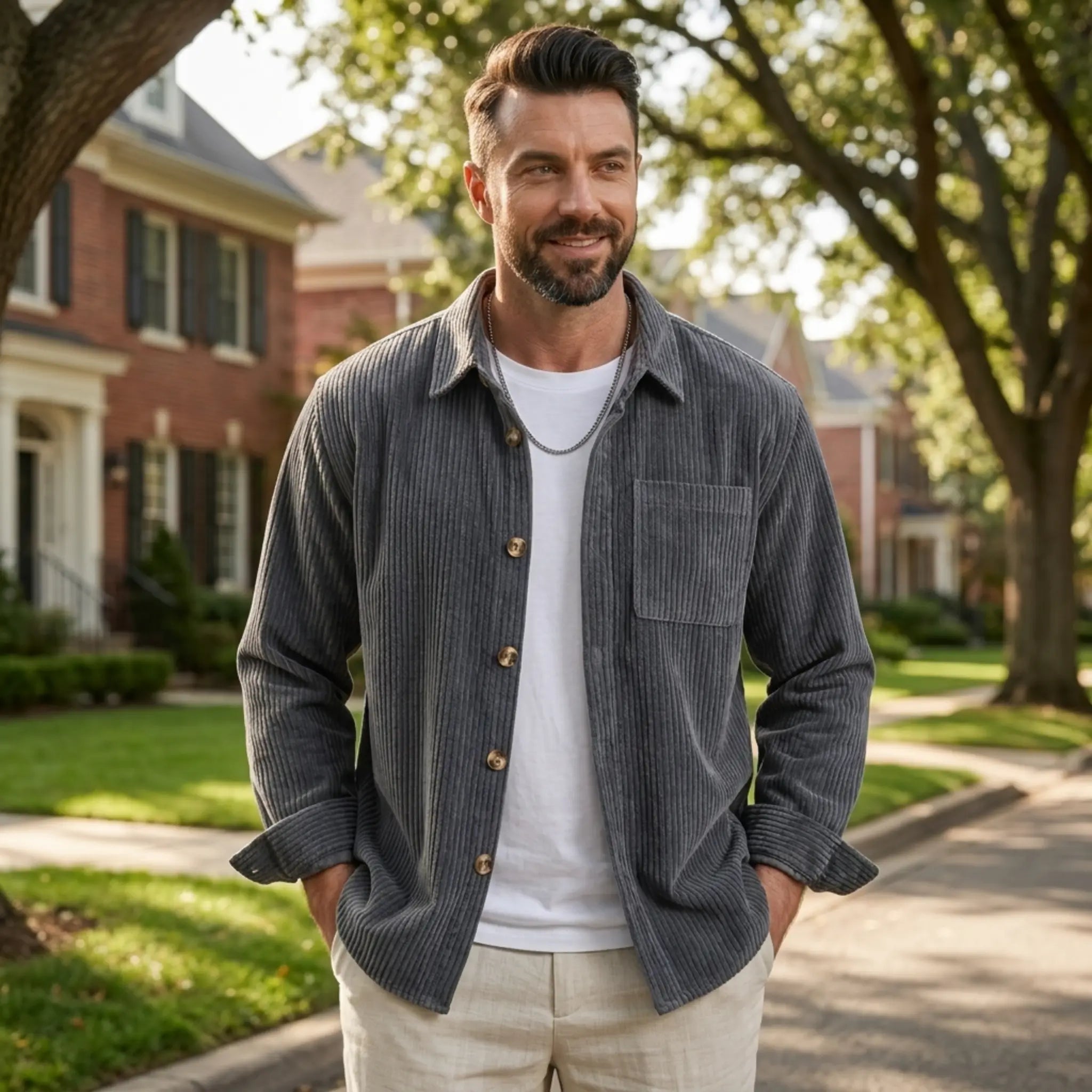 Man wearing MannerCo grey blue corduroy long sleeve shirt in outdoor lifestyle setting