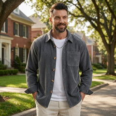 Man wearing MannerCo grey blue corduroy long sleeve shirt in outdoor lifestyle setting