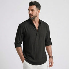 Man wearing MannerCo black cotton linen long sleeve Henley shirt, back view on plain background