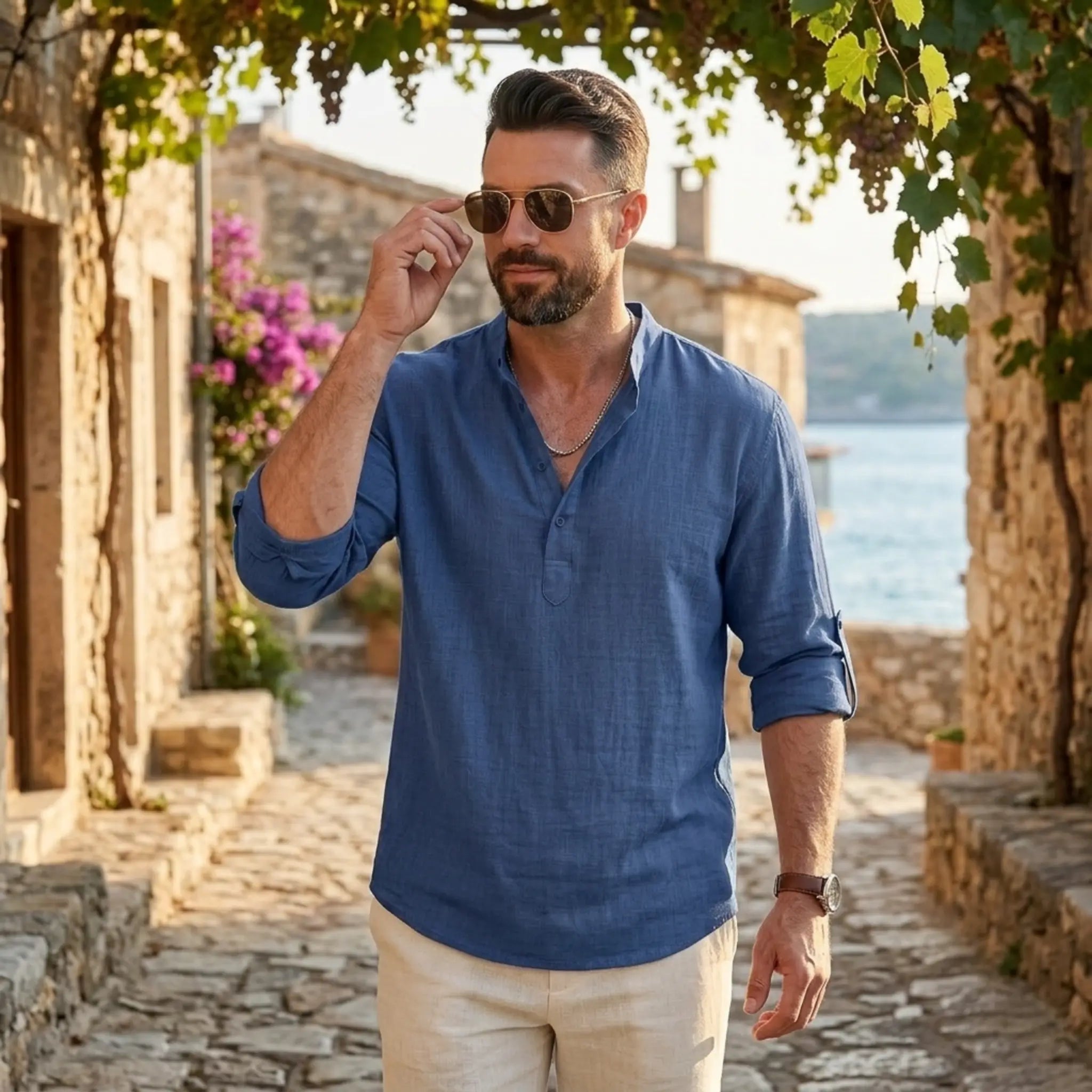 Man wearing MannerCo denim blue cotton linen Henley shirt in outdoor lifestyle setting