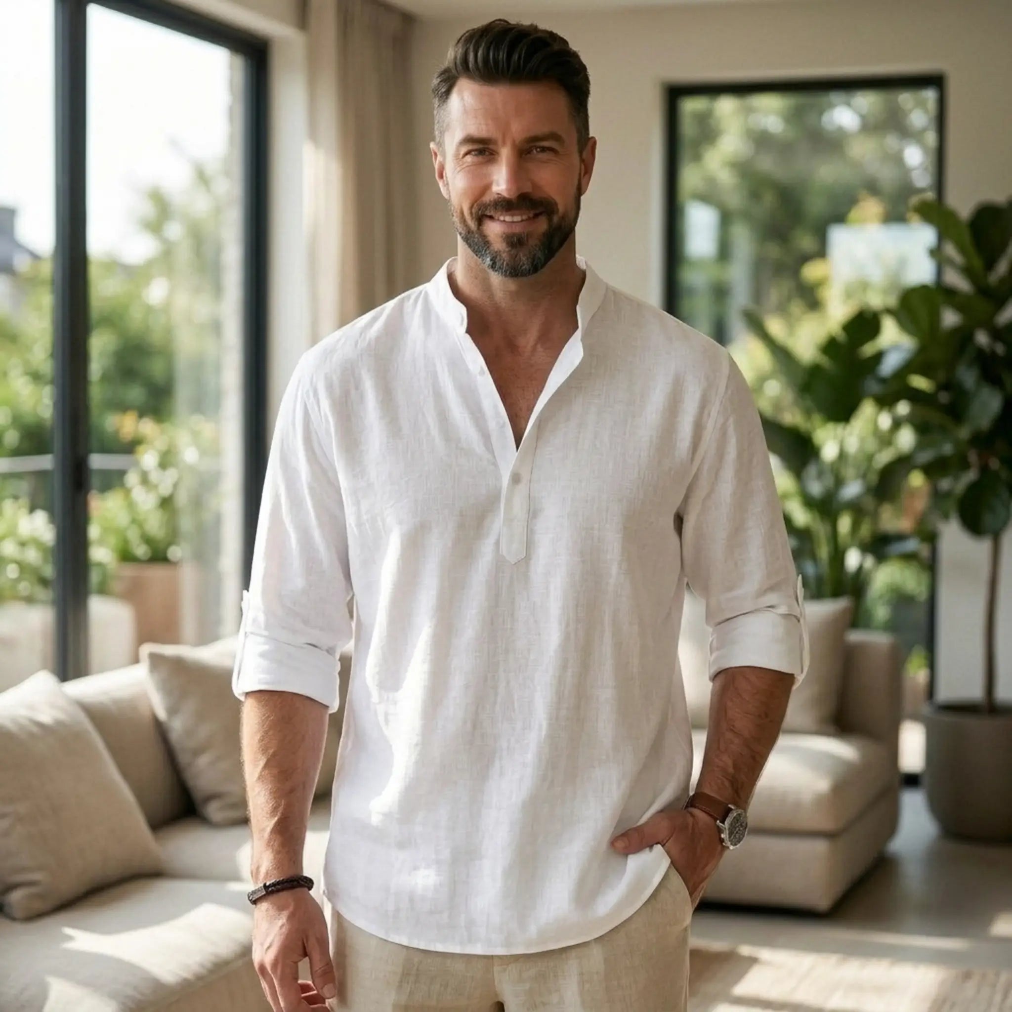 Man wearing MannerCo grey cotton linen Henley shirt in outdoor lifestyle setting