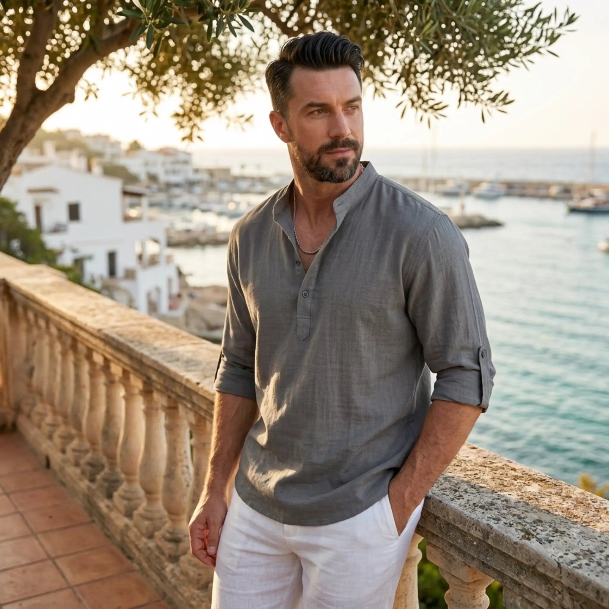 Man wearing MannerCo grey cotton linen Henley shirt in outdoor lifestyle setting