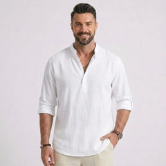 Cotton Linen Long Sleeve Henley Shirt | Stand Collar Casual Shirt