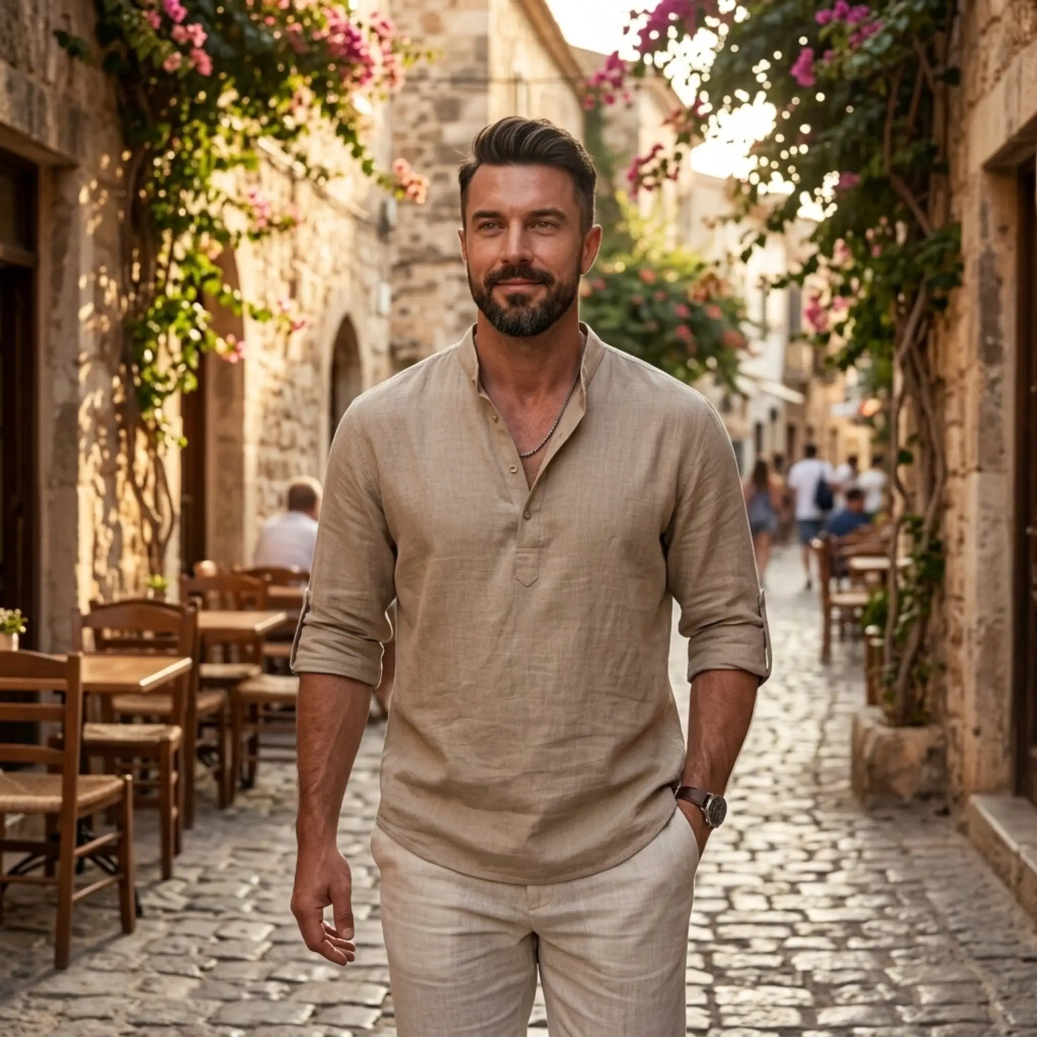 Man wearing MannerCo pink cotton linen Henley shirt in outdoor lifestyle setting