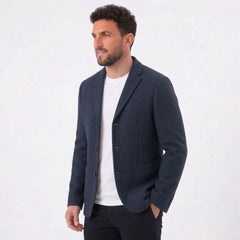 MannerCo dark blue woolen blazer loose fit three-button sport coat worn with white tee
