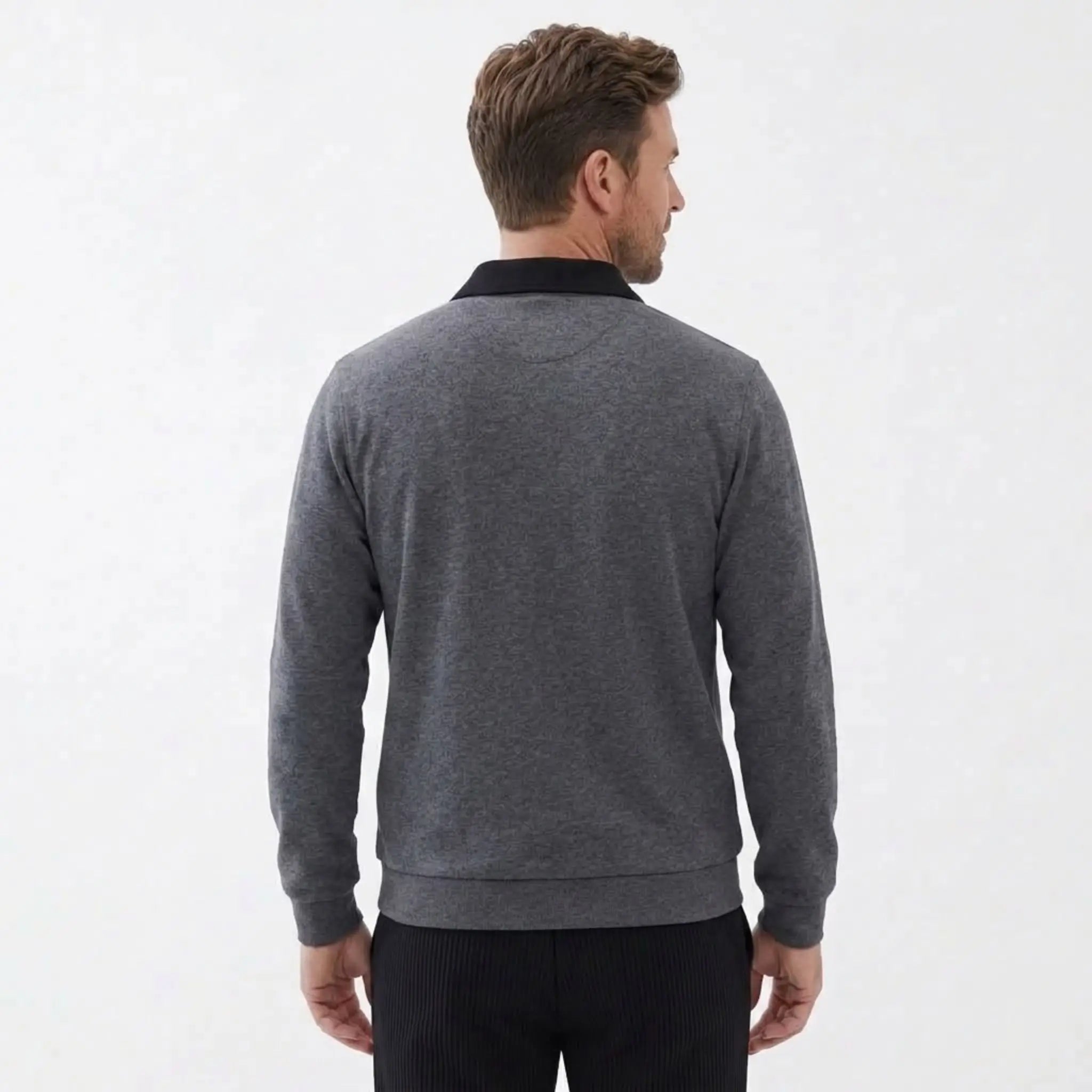 MannerCo dark gray polo collar hoodie back view on male model loose fit