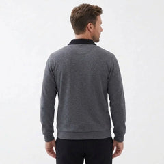 MannerCo dark gray polo collar hoodie back view on male model loose fit