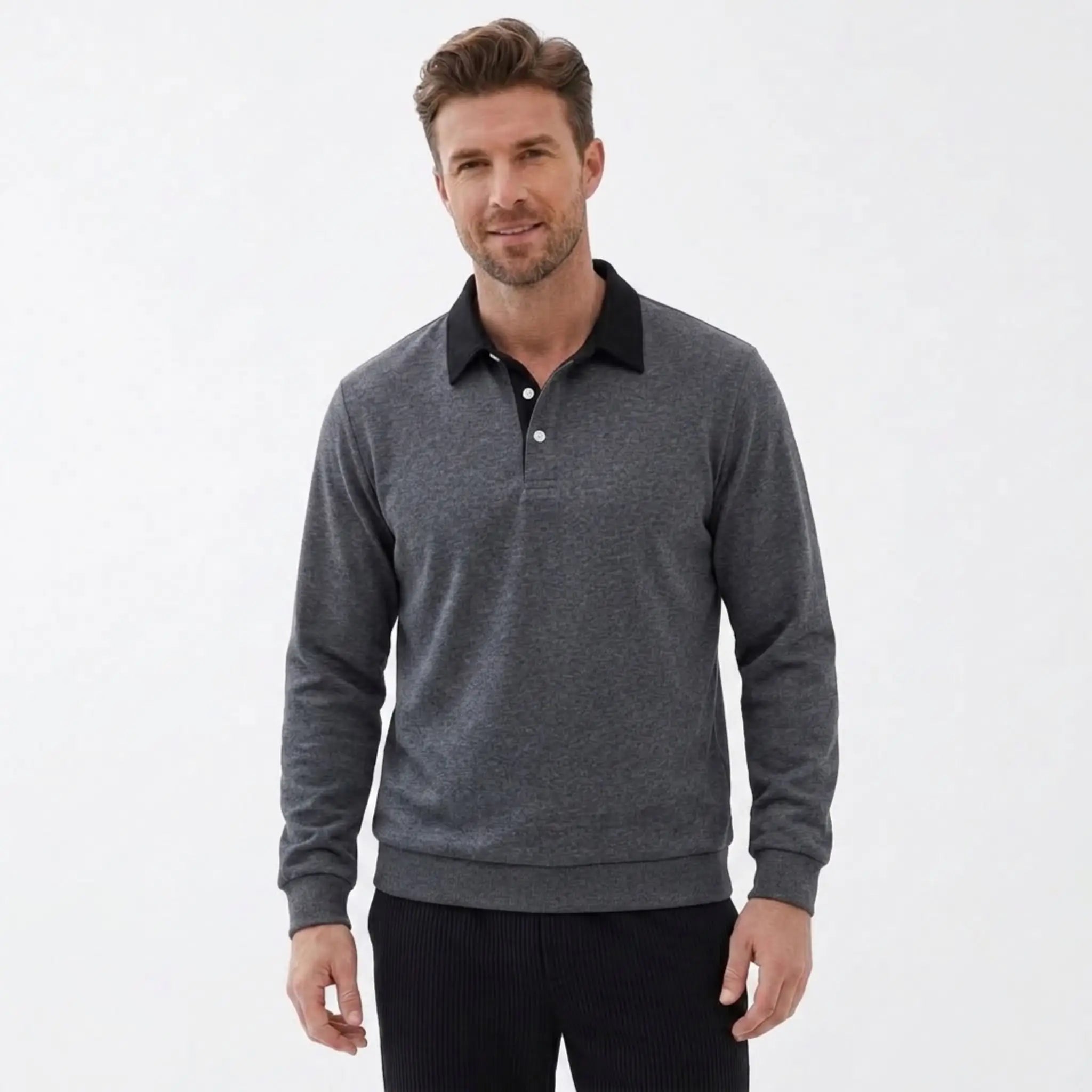 MannerCo dark gray polo collar hoodie with black contrast collar and button closure front view