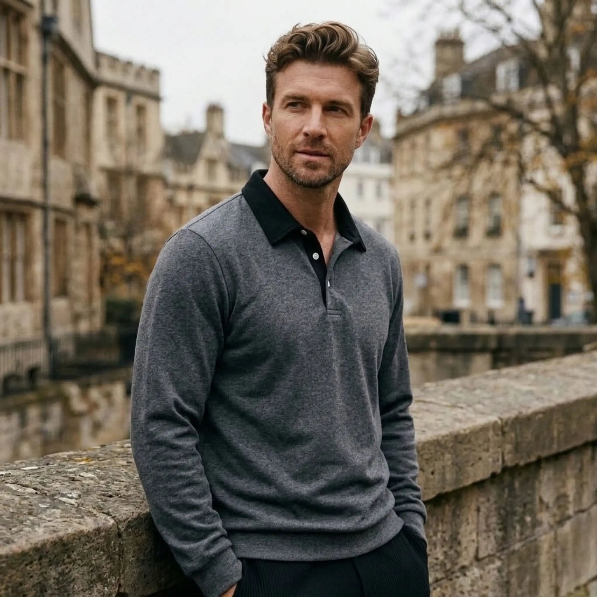 MannerCo dark gray polo collar hoodie with black contrast collar worn outdoors against stone bridge