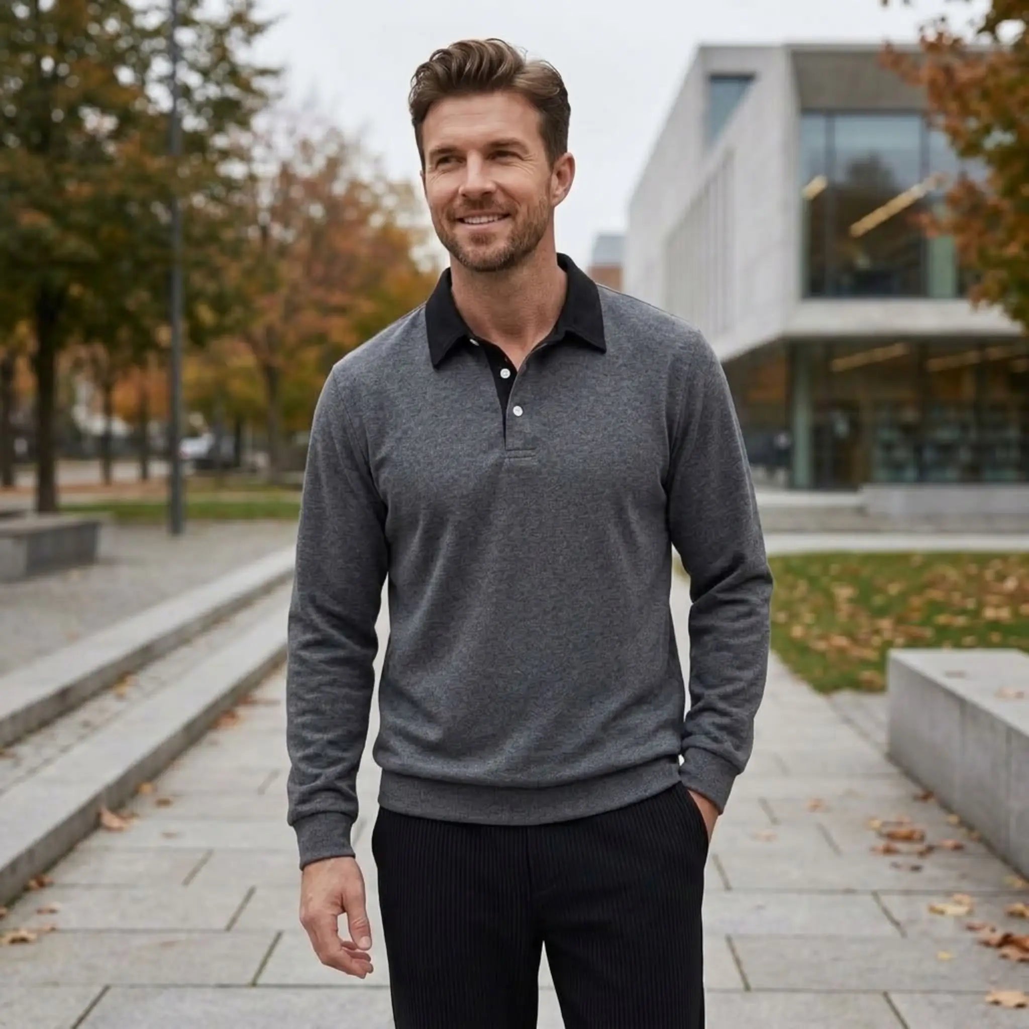 MannerCo dark gray polo collar hoodie loose fit worn outdoors in autumn setting