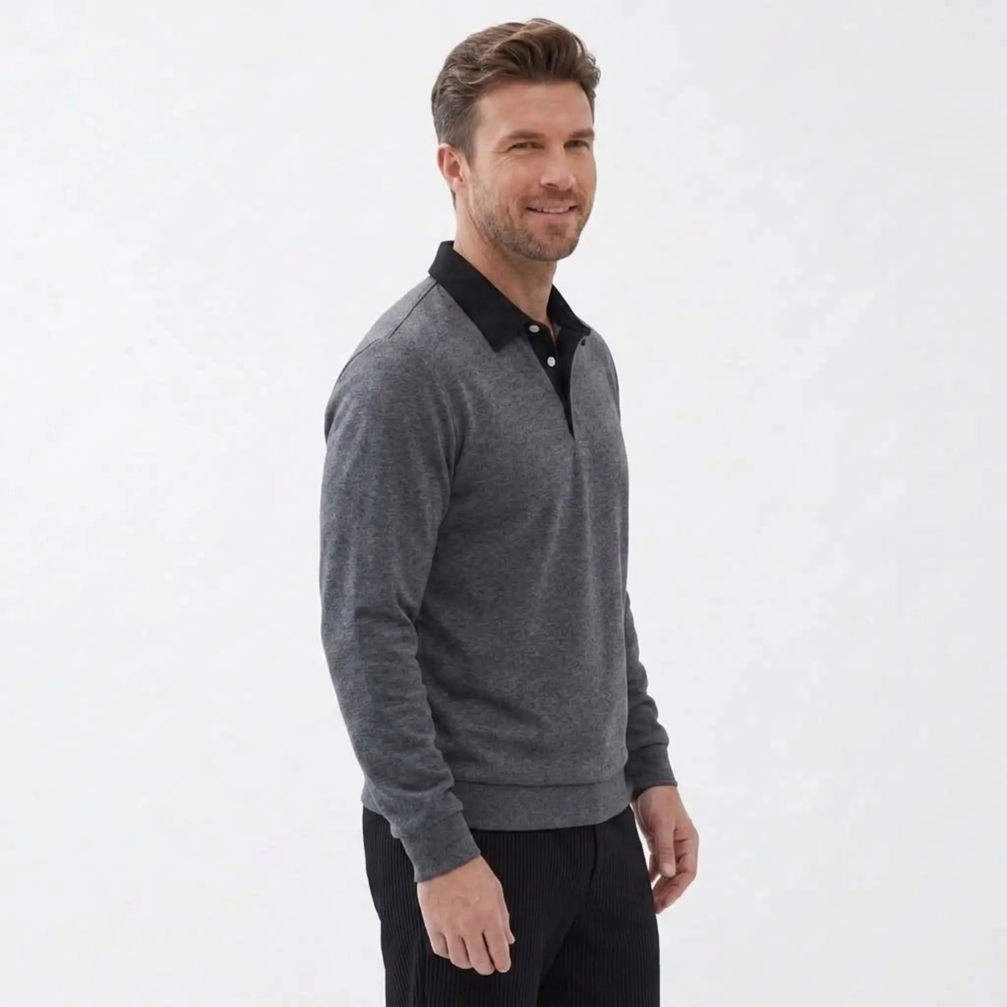 MannerCo dark gray polo collar hoodie side view with black contrast collar and button closure