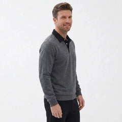 MannerCo dark gray polo collar hoodie side view with black contrast collar and button closure
