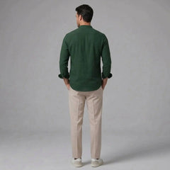 MannerCo dark green linen stand collar shirt with beige slim fit tapered trousers back view