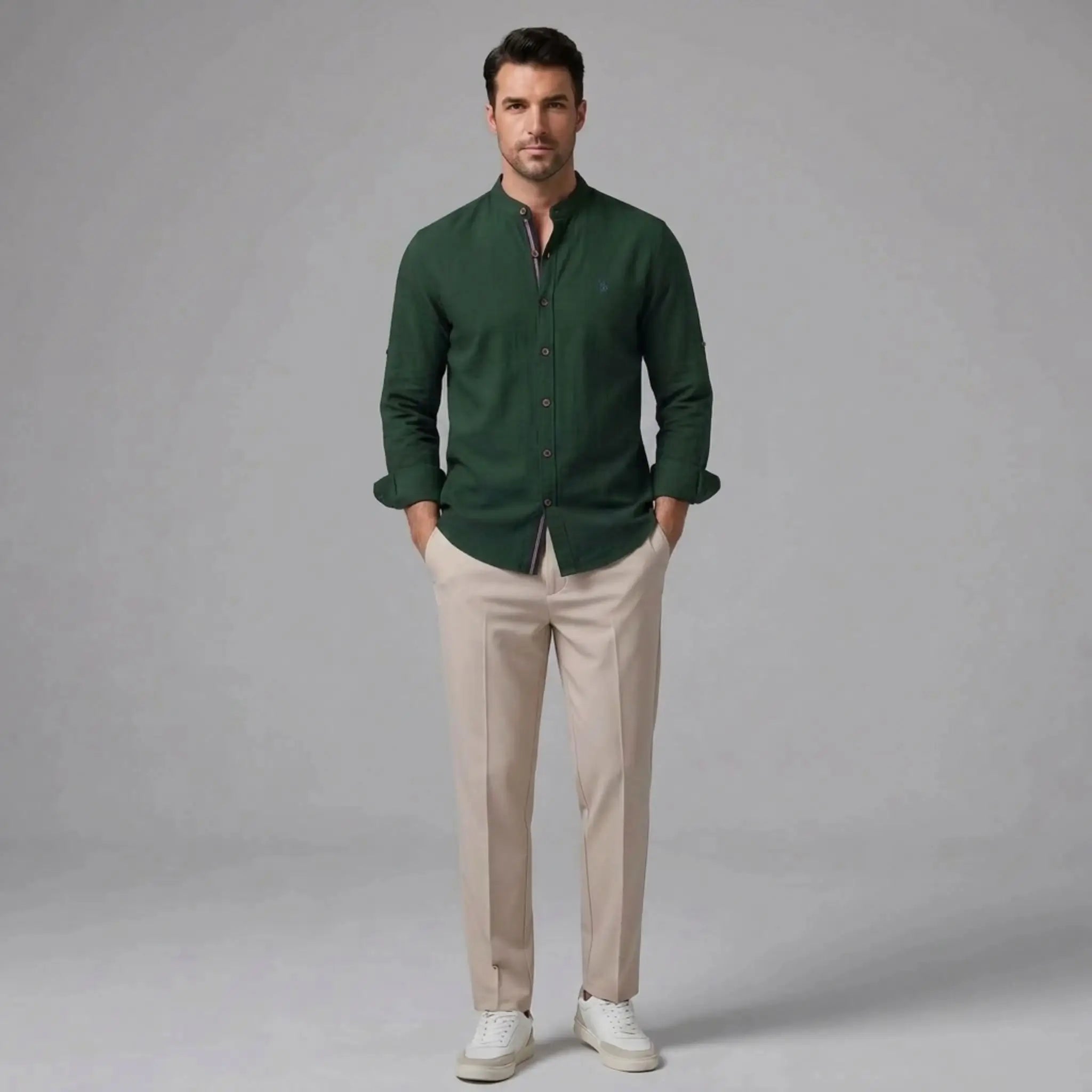 MannerCo dark green linen stand collar shirt with beige slim fit tapered trousers 2-piece set